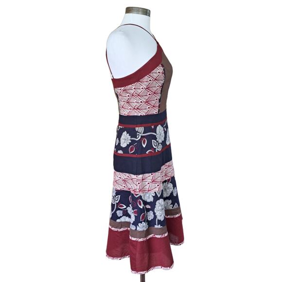 BCBGMaxAzria Halter A-line Dress Size 4 Boho Floral Patchwork Burgundy Navy - Picture 6 of 9